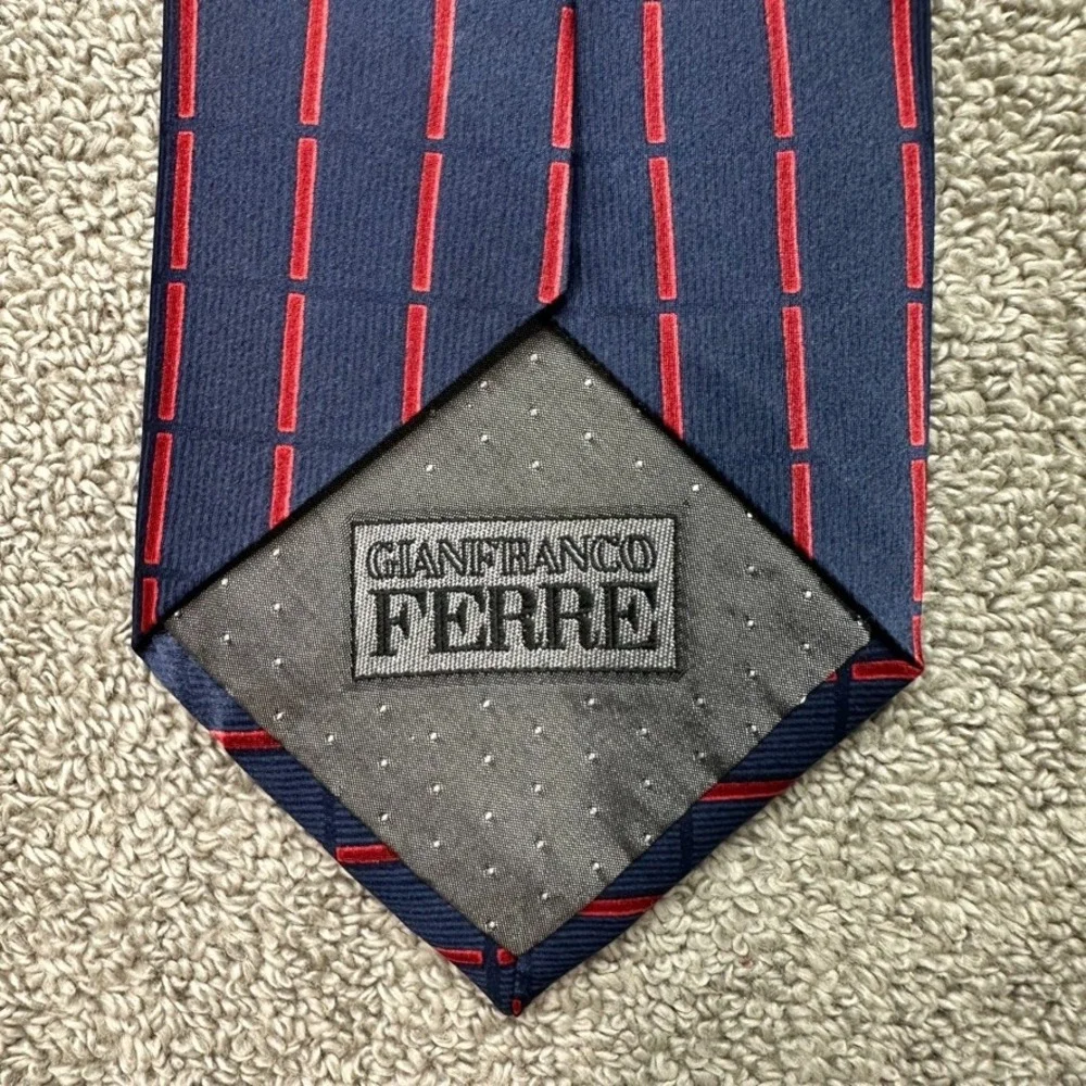 Gianfranco Ferre Mens Silk Tie Navy Blue Red Geometric Dash Made in Italy
